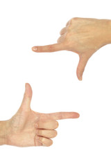 Hand gesture photo frame isolated on white background
