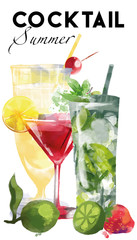 Watercolor coctail flyer pina colada Mojito Cosmopolitan