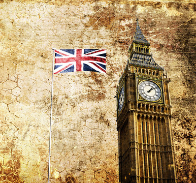 London - Big Ben - Altes Retro Foto mit Flagge