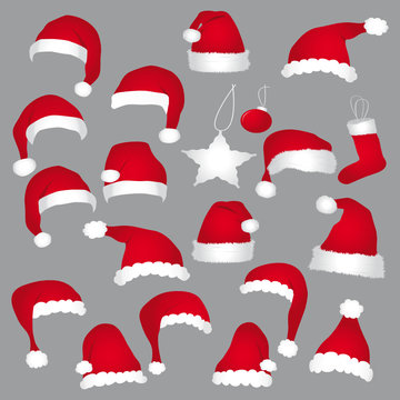 Santa caps and christmas decorations. Vector icons set.