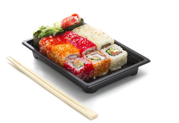 Set of sushi in black plastic box