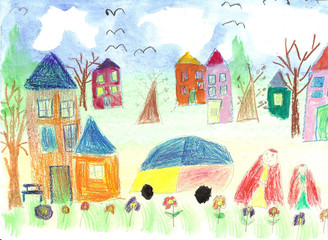 Watercolor children drawing kids Walking