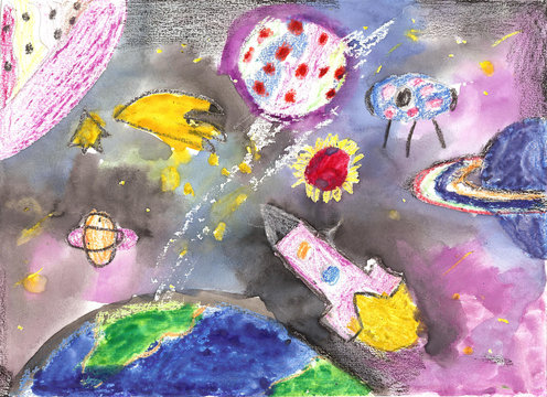 Watercolor children drawing space planet rocket