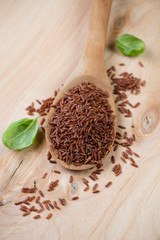 Red kernel rice in a wooden spoon, close-up, studio shot