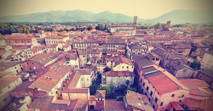 Retro vintage faded styled aerial picture of Lucca, Italy.