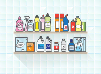 Detergents set on bathroom shelf