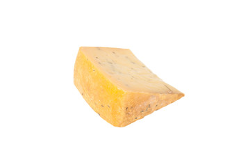 triangular piece of cheese with herbs isolated on a white backgr