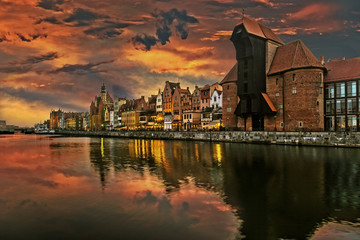Fototapeta premium The riverside with the characteristic Crane of Gdansk, Poland.