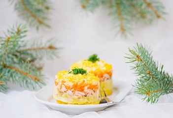 traditional Russian salad with a salmon Mimosa