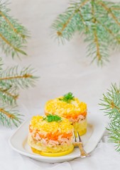 traditional Russian salad with a salmon Mimosa