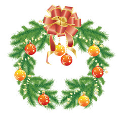 Christmas wreath of fir branches with balls and bows