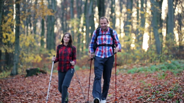 Young couple hiking in autumn forest