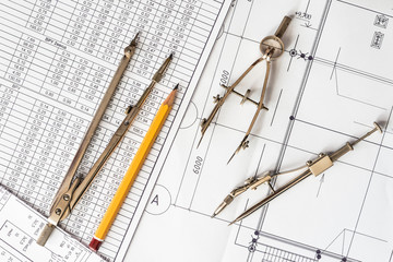 Diagrams and drawing tools on the table