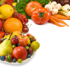 different fruits and vegetables on a white background closeup