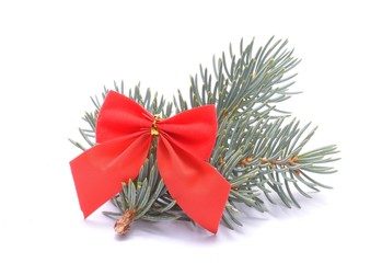 Christmas decorations - red ribbon and white spruce
