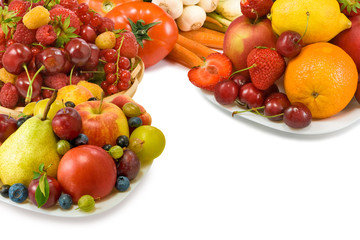 different fruits and vegetables on a white background closeup