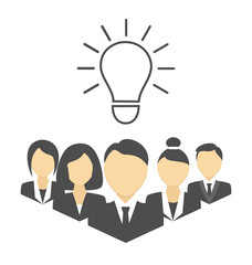 Flat portraits of staff with idea lamp isolated on white backgro