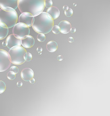 Transparent iridescent soap bubbles on grayscale background
