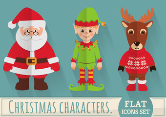 Flat Christmas characters: Santa, elf and reindeer. Vector set.