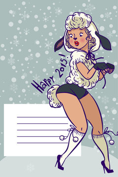 NewYear greetings card with Funny vector colorfull pin-up girl d