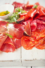 antipasti Platter of Cured Meat,   jamon, sausage, salame on whi