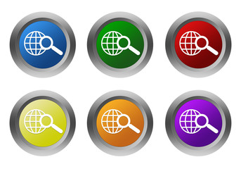 Set of rounded colorful buttons with search symbol