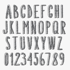 handwritten font, scribbled alphabet and numbers