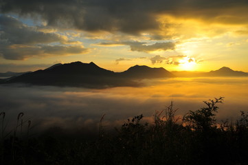 Mountain Landscape in the Mist at Sunrise