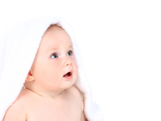 beautiful little baby on white towel