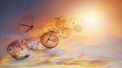Clocks in sky. Time flies. Daylight saving - obrazy, fototapety, plakaty