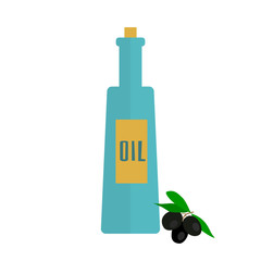 bottle of olive oil, black olives on branch