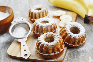 Homemade banana cake with powdered sugar