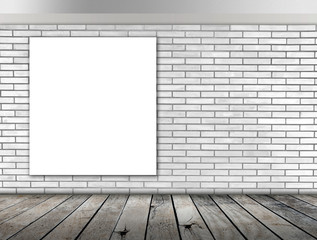 Blank white poster frame, copy space hanging on white brick wall in empty room for information message
