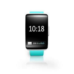 black glass curved screen smartwatch with bright blue watchband