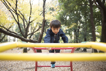 Boy playing in the park playground equipment