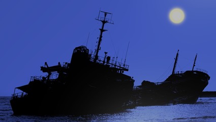 Shipwreck of a Beached Diesel Tanker at Night
