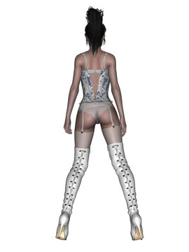 Pin Up, sexy Pose, Unterw&auml;sche Model, Strapse, Stiefel, weiss