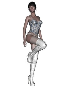 Pin Up, sexy Pose, Unterw&auml;sche Model, Strapse, Stiefel, weiss