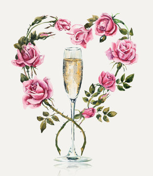 Champagne with roses. Wedding composition. Valentine day.