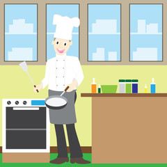 Illustration of a male chef cooking at the kitchen
