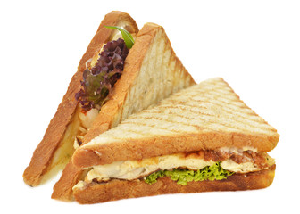 Fresh tasty sandwich with omelet isolated on white