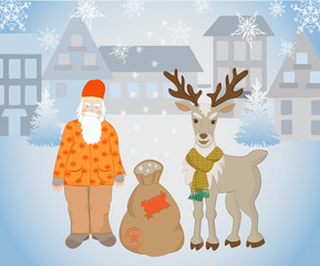 Santa Claus and reindeer with gifts