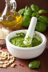 ingredients for pesto sauce over wooden rustic background