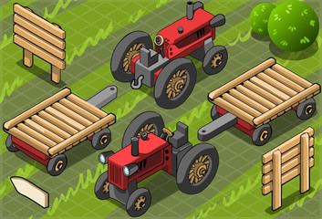 Isometric Red Farm Tractor in Two Positions