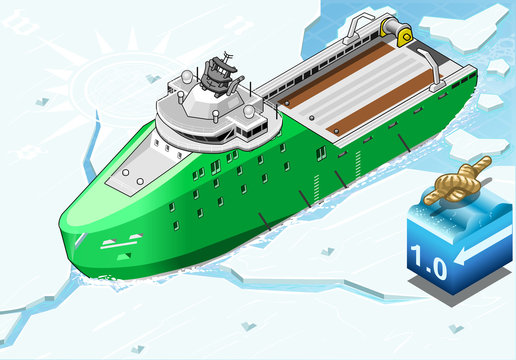 Isometric Icebreaker Ship Breaking the Ice in Front View