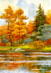 Fototapeta na wymiar Autumnal forest on the lake