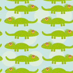 Funny green iguana Seamless pattern with cute animal on a blue