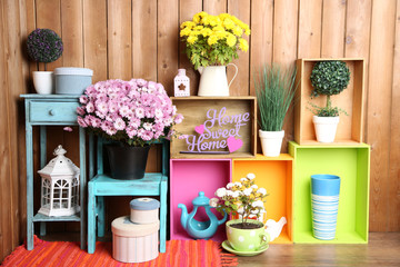 Beautiful colorful shelves with different home related objects