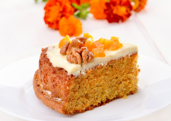 Piece of carrot cake with icing