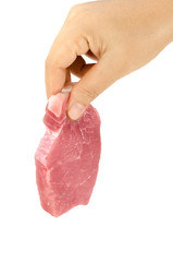 Raw sliced pork hold by hand